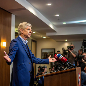 Arsene Wenger, former soccer coach, at a press conference. Wearing a blue suit, with hands spread wide, addressing reporters