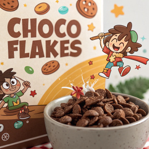 Creative packaging design for Choco Flakes cereal. Vibrant cartoon characters, one atop a mound of chocolatey substance, surrounded by Spanish text and labels.