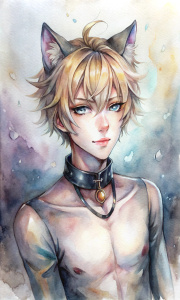 cute femboy, 21 aged, with tears, cat ears, black tail, light hair, white eyes, plump lips, collar. full-length. nice torso
