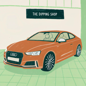 High-definition image of a sleek maroon Audi A5 inside a showroom. The car is highlighted with soft, modern lighting. The dealership 'The Dipping Shop' is clearly visible on a black sign with white text. The car features polished maroon paint, black alloy wheels, and a prominent front grille. The dealership's logo is displayed on the car's front. The showroom has light-colored tiles for the floor.