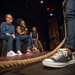 Feet of Chris Gethard, Akilah Hughes, Brittany Luse, Eric Eddings during 'How to Fail: The Upgrade Live' at The Bell House in Brooklyn, NY. A rope-like element is present.