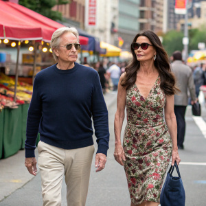 Michael Douglas and Catherine Zeta-Jones in casual attire. Strolling through a bustling city street market.