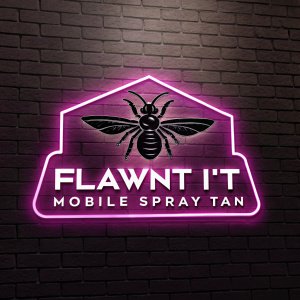 The Flawnt It Mobile Spray Tan logo features a sleek black insect emblem and bold white font on a vivid neon background.