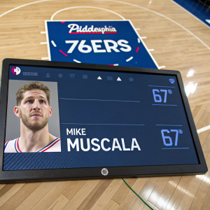 Digital screen displaying Philadelphia 76ers roster. Mike Muscala's profile prominently featured. Stats include age, weight, contract details. Game-like interface with basketball court background.