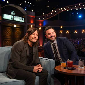 Norman Reedus sitting next to Jimmy Kimmel on a late night talk show set.