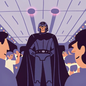 Magneto, clad in a dark cape and helmet, stands amidst a bustling sci-fi convention. Neon lights and excited fans surround him.