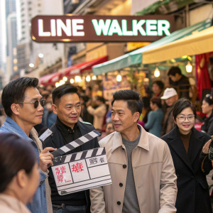 Actors Charmaine Sheh, Nick Cheung Ka-fai, Jazz Boon, Louis Koo, and Li Guangjie at a bustling outdoor market, promoting their new film 'Line Walker'. Crowds gather around them.