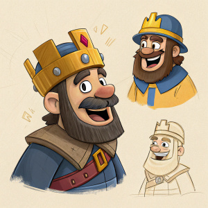 Digital sketches of Clash Royale characters. Muted color palette, detailed designs, cartoonish style, beige backdrop.
