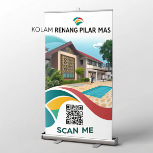 Promotional banner for Kolam Renang Pilar Mas. Featuring modern design, QR code, and Scan Me button. Digital layout.