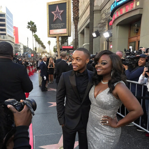 Bow Wow and Naturi Naughton at the Hollywood Walk of Fame. Both are dressed formally. Bow Wow in a black suit, Naturi Naughton in a silver sequined dress. Crowded street scene with flashing cameras.