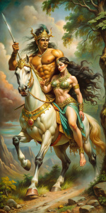  fantasy illustration of rearing centaur in indean cloth with the beautiful barbarian queen, art style by Boris Vallejo