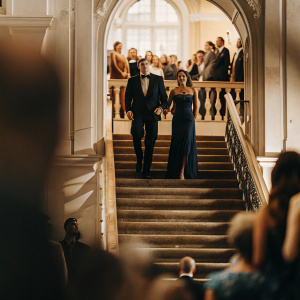 William and Kate Middleton descending the grand staircase. Wearing elegant navy gown. Crowded venue with many guests in formal attire.