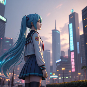 3D model of an anime girl with long blue hair. She wears a futuristic school uniform. In a cyberpunk cityscape, focused expression. High detail, glossy finish.