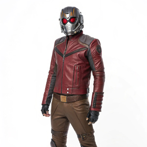 A high-quality replica of Star-Lord's costume from Guardians of the Galaxy. Features a red and brown bodysuit, high-waisted brown pants, and a detailed futuristic mask.