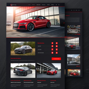 Autohaus Prestige Cars - modern website showcasing luxury vehicles in a grid layout. Dark color scheme with red accents highlights brand services, featured cars, inventory details, and partner information.