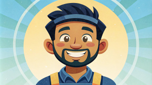 Un chico mecánico moreno, de piel clara, con ojos marrones y pelo muy corto y negro y barba y sonriendo 