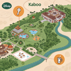 Interactive map of Disney's Zootopia-inspired resort, Kaboo. Highlights include lush golf course, grand plaza, central patio, and cinema.