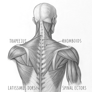 Anatomical sketch of human back muscles, detailed pencil drawing with labels.