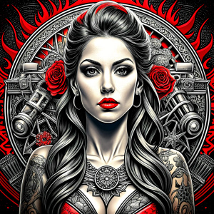 motorcycle club lady tattoo design - perfect realistic art - high-definition - grey and black - white background 