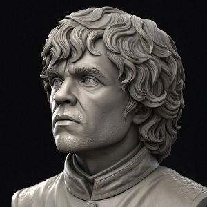 Highly detailed 3D render of Tyrion Lannister's face from Game of Thrones. Set against a solid black backdrop, the intricate texture of his skin and curly hair is the main focus. The dark background highlights the sculptural details.