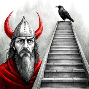 viking and raven in walhalla stairs runen symbols pattern - perfect realistic art, high-definition, high-definition grey and black, white background 