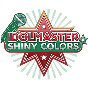 A vibrant logo for Idolmaster Shiny Colors. Dominated by green, red, and white hues, it features a stylized text and a distinctive design element.