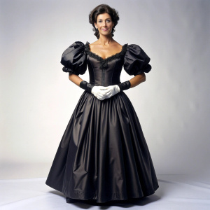 50 yo attractive brunette in severe black Victorian satin chaimber maid uniform. Black puff sleeves and gloves. Floor length skirt with petticoat. extremely narrow waist and massive bosom. full body view