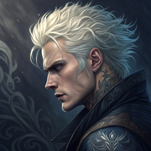 Digital artwork featuring Vergil from Devil May Cry. Intense expression, tattoos, wavy platinum blonde hair. Dark, intricate background pattern.