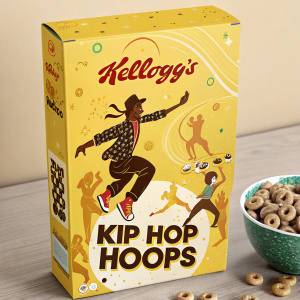 The Kellogg's Kip Hop Hoops cereal box features a cheerful yellow color scheme with brown and black highlights. A lively illustration of a breakdancer mid-spin dominates the design, surrounded by shadowed images of diverse dance stances. This packaging seamlessly integrates visuals and text, offering a vibrant and engaging look. It captures the essence of fun and dynamic energy in every detail.