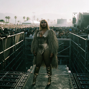 Nicki Minaj at Coachella, wearing a shimmering gold outfit with feathered edges. She stands confidently in front of a crowd.