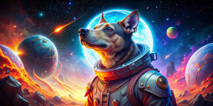 caballo psicodélico con traje espacial futurista , rasgos humanos,fuego,lasers y planeta tierra al fondo, naves alienigenas