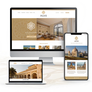 Digital mockups for Aigis website design featuring modern, sophisticated layout. Includes logo, architectural images, and product graphics. Neutral and warm color palette. Responsive design for desktop and mobile, clean layout, clear navigation, and visually appealing.