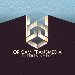 An elegant logo for Origami Transmedia Entertainment. The design features an abstract golden pattern inspired by origami principles. Set against a sleek black background, the logo highlights the golden elements. The text 'Origami Transmedia Entertainment' is written in a classic, sophisticated font below the main logo, maintaining the same golden color scheme. The color palette primarily uses black and gold, emphasizing a modern, strong brand identity.