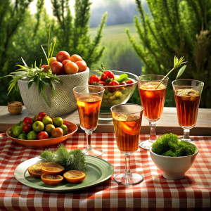 Realistic photo of multiples cocktails and food for aperitif for a magazine, background picnic tablecloth with plants, size 4:16, best quality
 