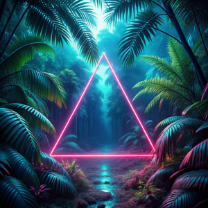 a detailed realistic dark tropical forest background with neon triangle lines in the middle
