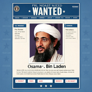 Website snapshot. FBI Most Wanted poster. Osama Bin Laden highlighted. Blue background. Search bar, navigation links visible