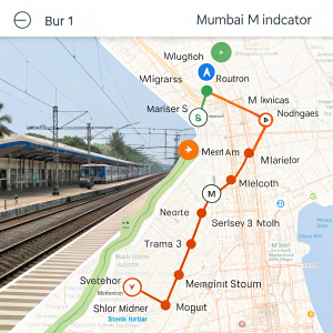 Screen capture of Mumbai M-Indicator app. Interactive map with train stations and lines highlighted. Simple navigation tools
