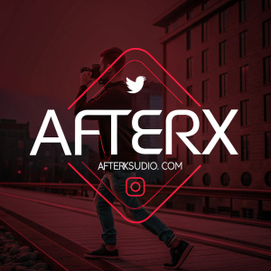 Brand logo for Afterx Studio. Modern font, website URL, social media icons, dark background with vibrant red highlights.