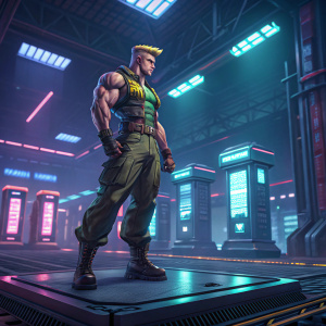 A detailed sculpture of Guile from Street Fighter. The figure is posed on a futuristic platform. Bright neon lights illuminate the scene, casting vibrant colors across the metal surface. The background is a high-tech laboratory with towering machines and holographic displays.