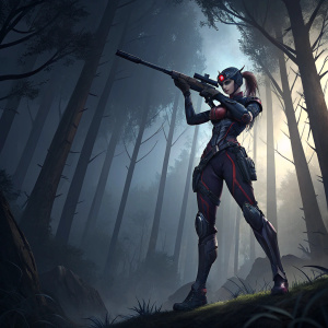 Overwatch character Widowmaker, in a dramatic pose. Dark forest backdrop with tall, misty trees.