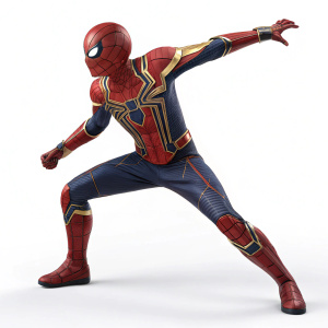 3D render of Spider-Man from the Marvel Cinematic Universe in a dynamic pose. Wearing his iconic red and gold suit with blue accents. Exaggerated poses, sense of movement. Set against a stark white background.