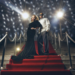 Faith Evans and Stevie J at a glitzy awards show. Faith in a black velvet gown with sparkling accessories. Stevie J in a white shirt and black pants. Glowing red carpet backdrop with sponsor logos.