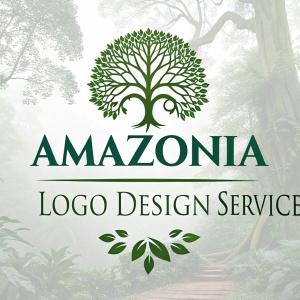 Professional webpage for Amazonia's logo design service. Features a large, green, stylized tree logo at the top. Background adorned with lush green foliage. Text-heavy design includes clear, readable font and clean aesthetic. Focus on branding and logo services.