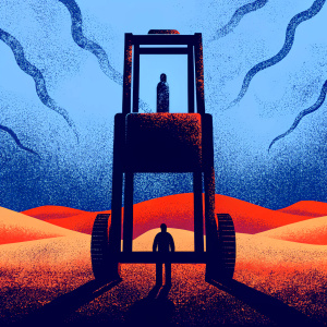 Promotional image for Blade Runner 2049. Desolate desert scenery. Rustic mechanical structure at center. Lone figure standing prominently. Palette features rich, burnt hues. Design elements include jagged outlines.