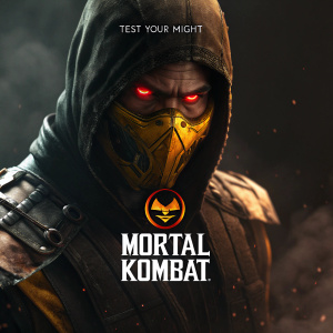 Close-up of Scorpion from Mortal Kombat, intense facial expression, glowing red eyes. Dark background, Mortal Kombat logo bottom center, 'Test Your Might' top center.