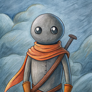 Stickman dark gray, white eyes, with orange 
scarf, and one greatsword on the back