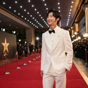 Hyungwon from Monsta X at a music awards show. Wearing a white tuxedo, smiling confidently. Star-studded venue