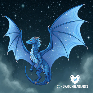 A digital artwork of a mythical blue dragon with large spread wings. Dark, celestial background. G3-DragonheartArts logo