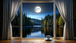 dark night window open curtain, coffee, full moon, still water, forest, dark night, midnight black 