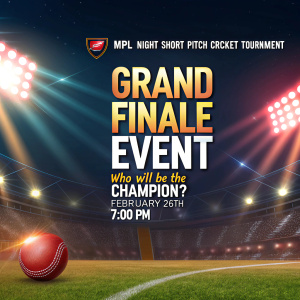 Promotional event poster for the MPL Night Short Pitch Cricket Tournament. The poster displays 'Grand Finale Event' and 'Who will be the Champion?' with an invitation to the match on February 26th at 7:00 PM. Vibrant colors and dynamic lighting effects create a sense of excitement.